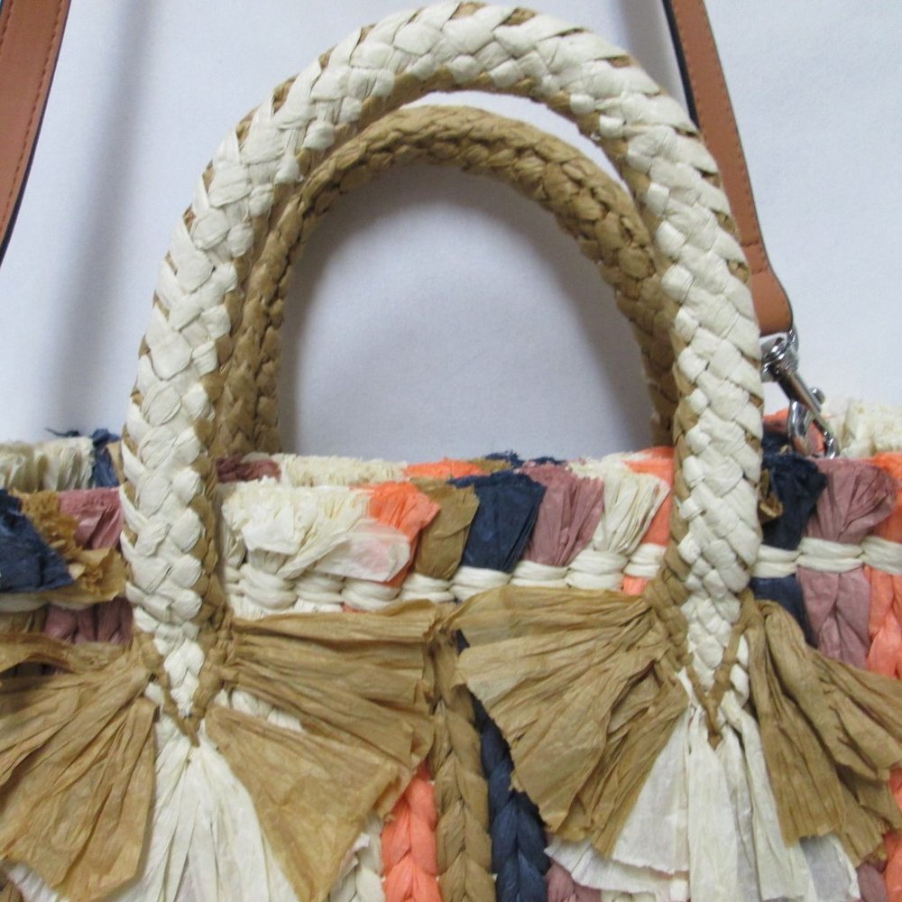 Vince Camuto Emei Woven Paper Satchel Tote Bag Purse removable strap striped NEW - Picture 5 of 14